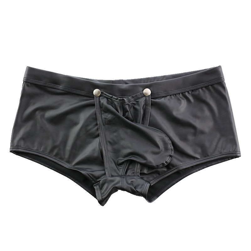 男士漆皮平角内裤枪弹分离激凸翻盖低腰镂空一件代发