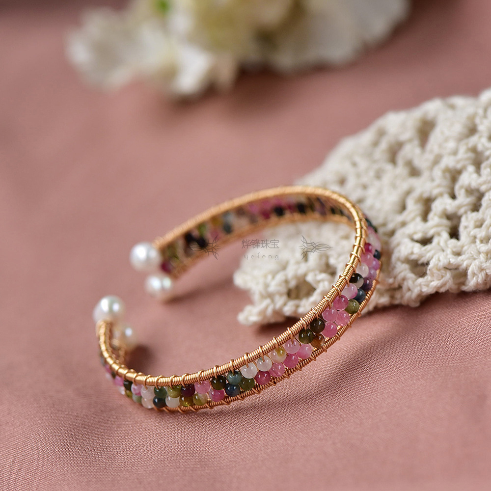 天然碧玺手镯 14k包金珍珠手串双排宽版手排手链送女友彩色水晶