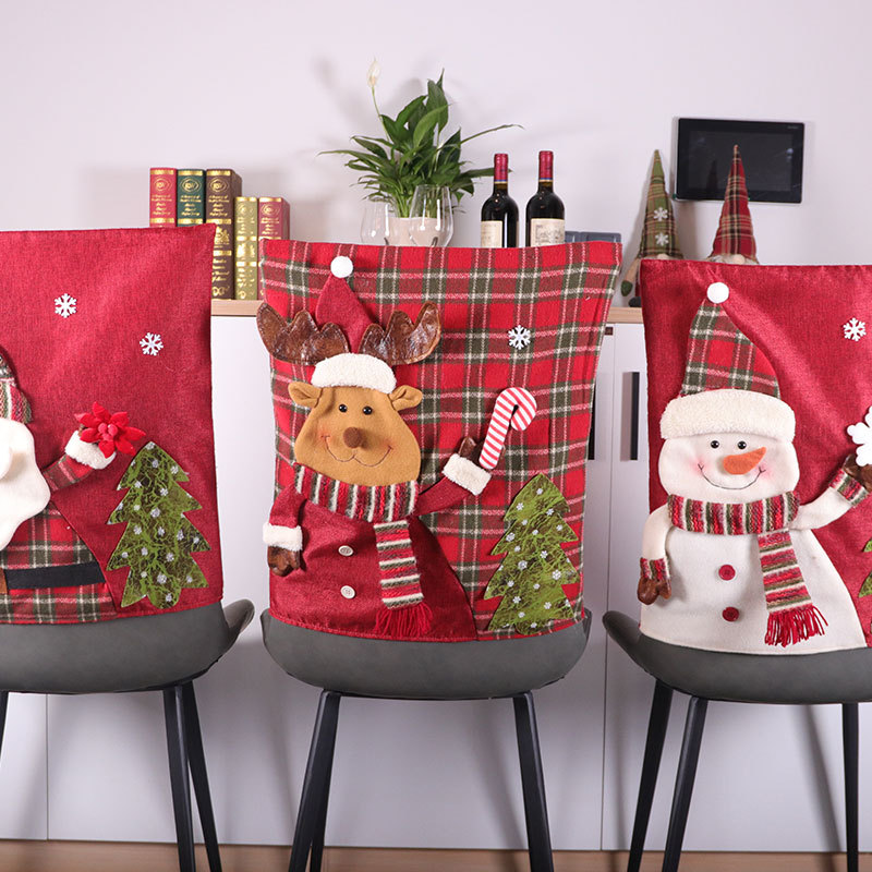 Cross-Border Direct Supply Christmas Decoration Red Plaid Snowman Santa Claus Chair Back Cover Creative Linen Chair Cushion Case