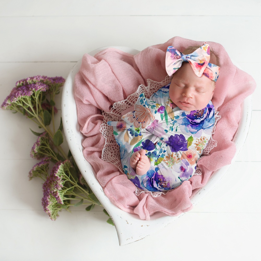 欧美婴儿包裹巾拍照背景布新生儿留影纪念碎花印花包巾发带两件套