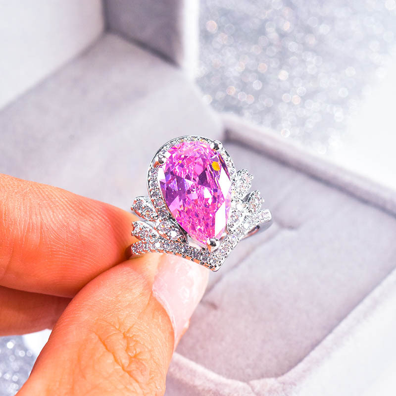 直播爆款奢华皇冠高碳钻水滴形仿真粉红碧玺彩宝开口戒指订婚钻戒