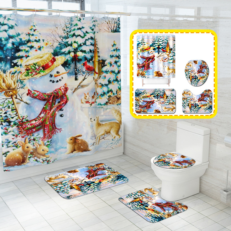 New Cartoon Snow Snowman Printing Shower Curtain Toilet Floor Mat Four-Piece Bathroom Carpet Set Cross-Border Hot Sale