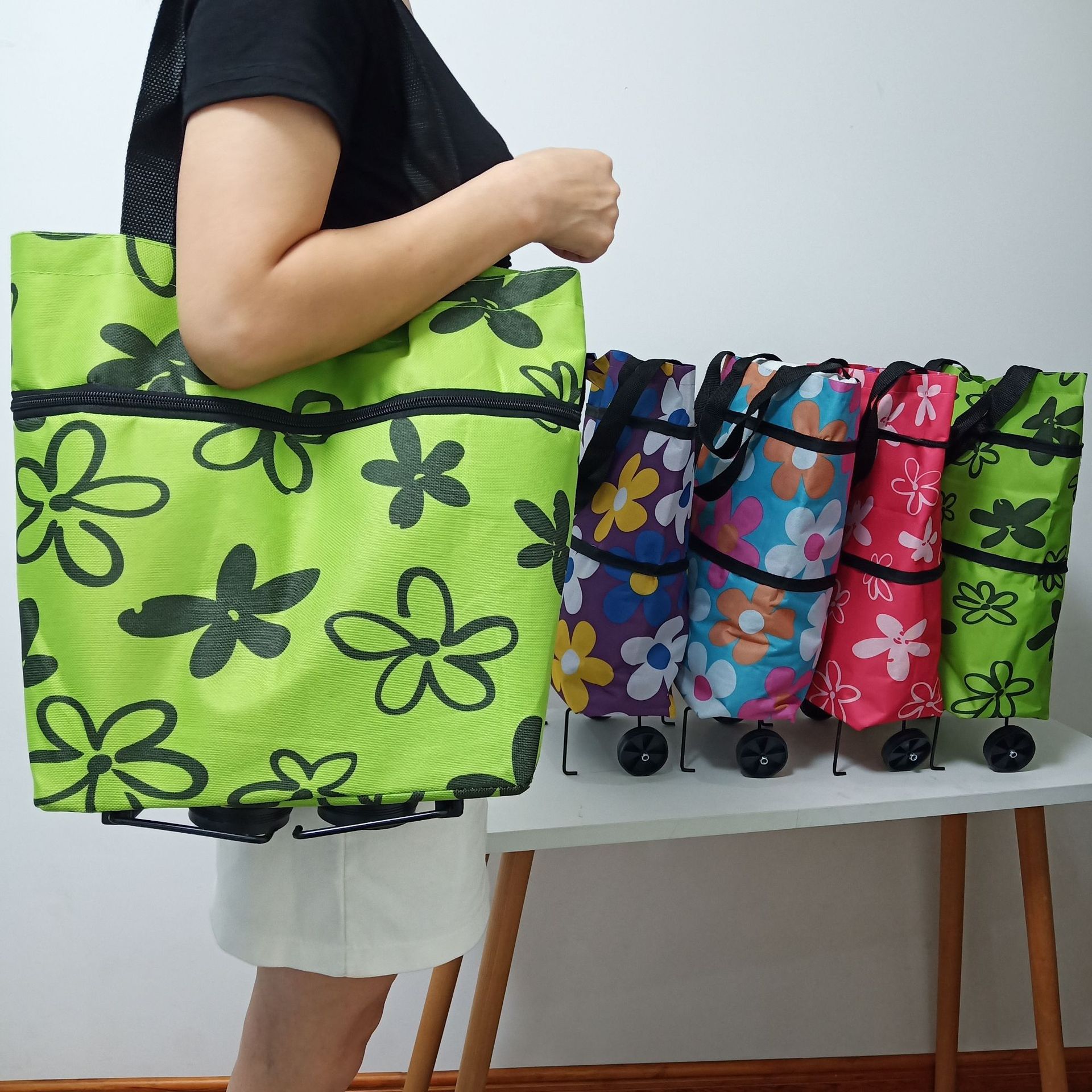 【一件代发】创意时尚韩版伸缩带轮子买菜可折叠手拉车购物袋