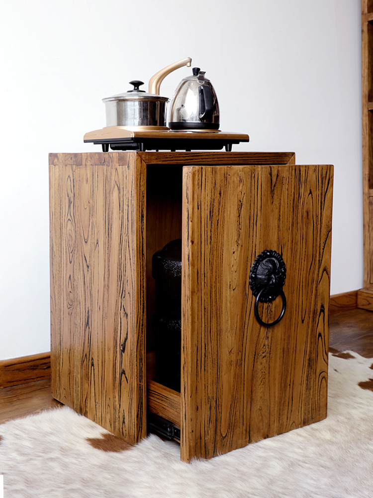 实木茶水柜中式藏纯净水桶烧水台简约老榆木小餐边柜单门收纳柜子