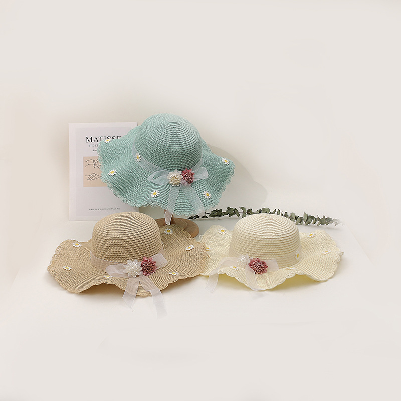 草帽女夏可折叠大沿遮阳帽女孩沙滩帽小菊花波浪边丝带蝴蝶结凉帽