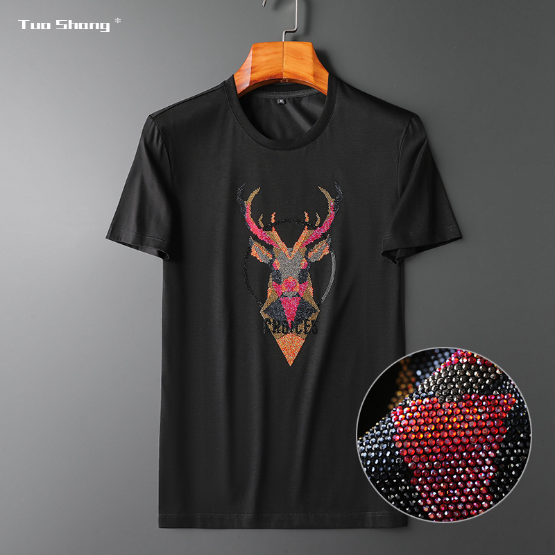丝光棉2020夏新款拓尚简约男装欧品奥彩钻鹿图案男士t恤短袖