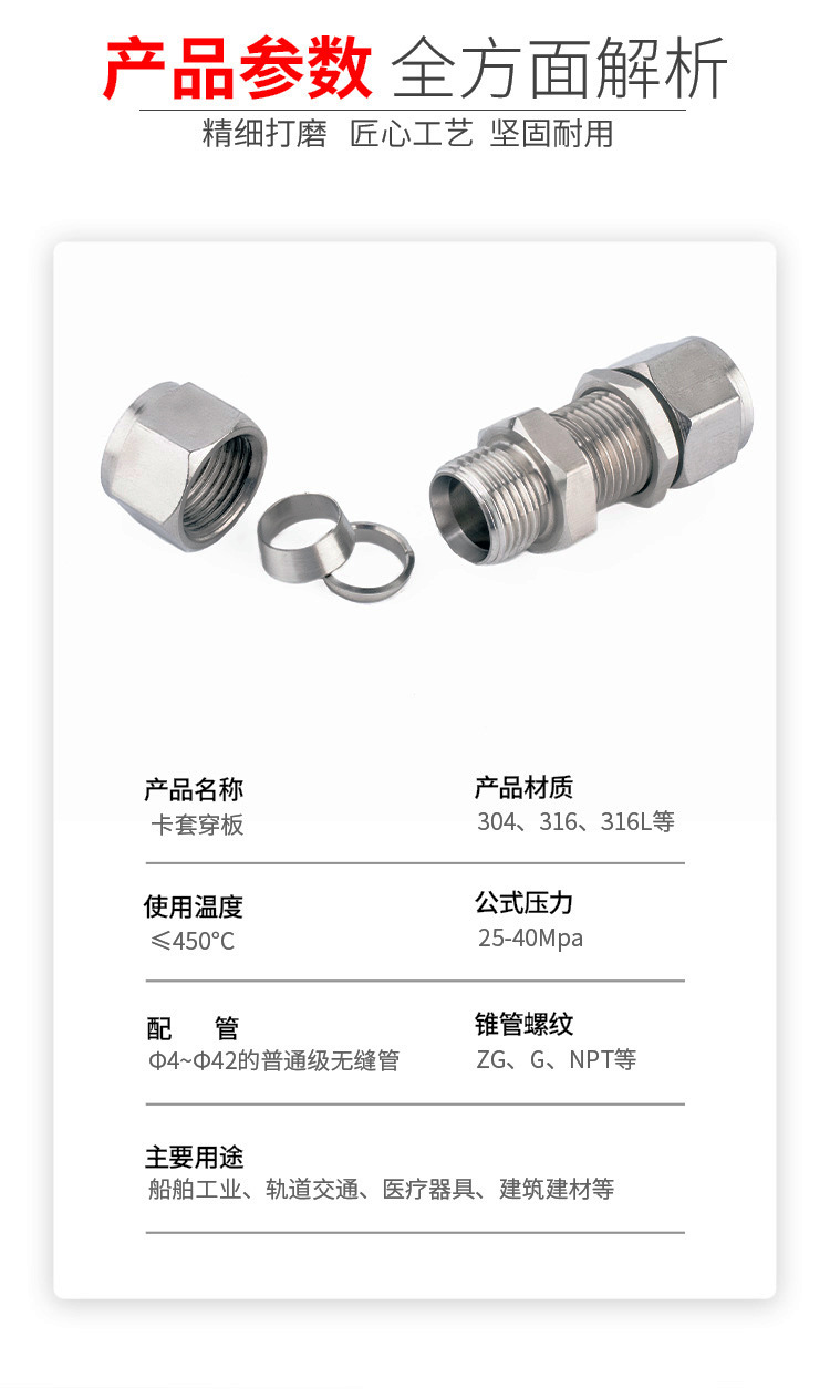 飞系厂家 304不锈钢卡套穿板 卡套式直通穿板 卡套直通接头