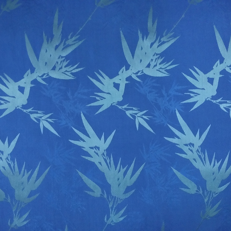 蓝色君子竹交织材料面料 留香绉竹子图案混纺已染色布料