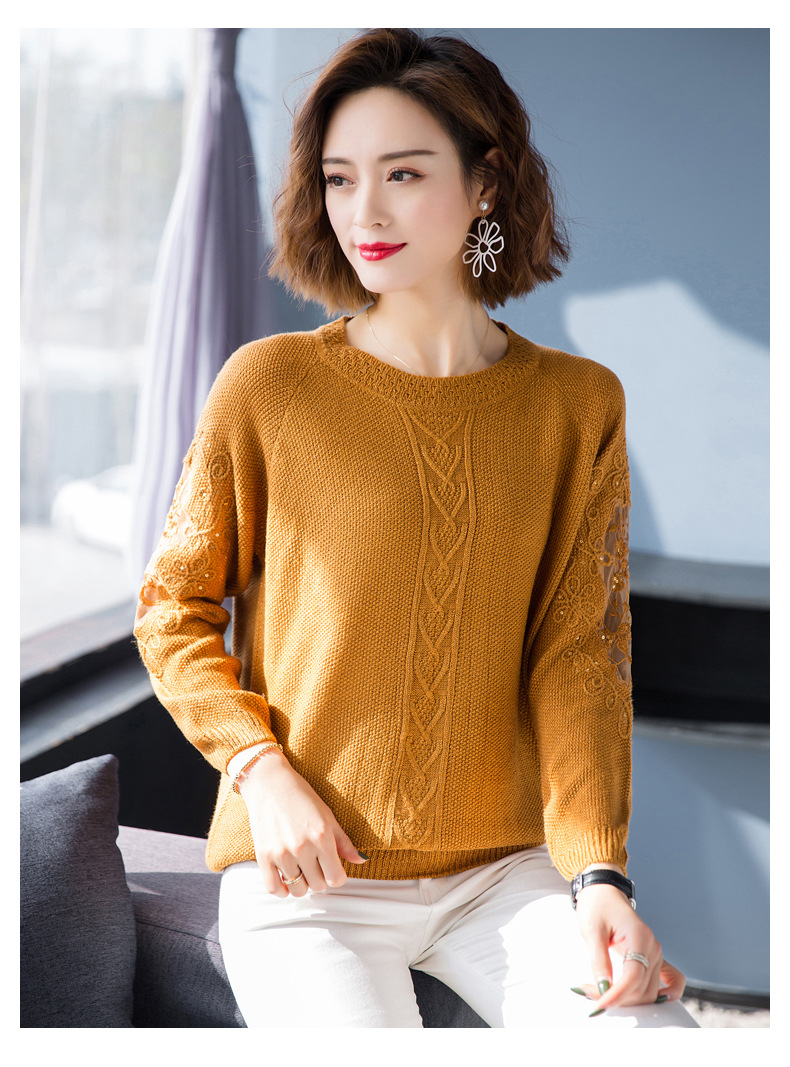 春季外穿圆领网纱亮片针织衫宽松短款纯色套头毛衣女士薄款打底衫