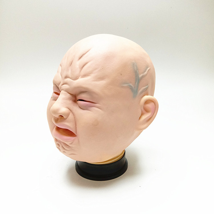 逼真微笑哭泣婴儿面具全头哭脸娃面具头套万圣节派对鬼屋恐怖面具