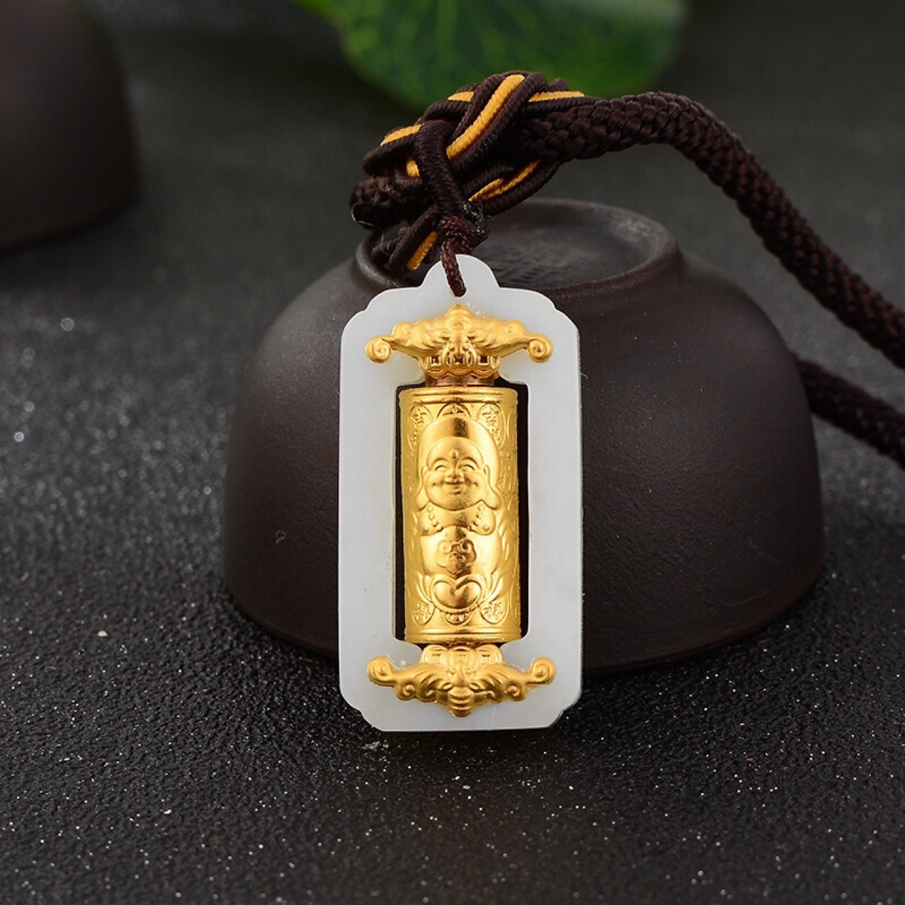 和田玉999足金 金镶玉转运筒 观音佛百福 时来运转百福玉坠吊坠?