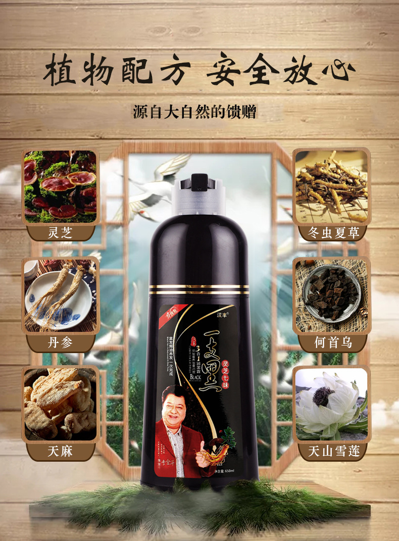 植物精华灵芝七味汉丰一支黑染发剂白转黑一洗黑水洗自然黑染发膏