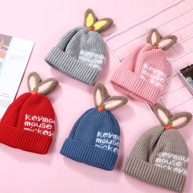 Children's Woolen Cap Autumn and Winter Keep Baby Warm Knitted Hat Cute Rabbit Ears Pullover Hat Outdoor Protection Wind-Proof Hat