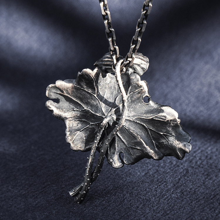 s999银荷叶吊坠女款中国风写意荷塘月色项链古典复古民族风