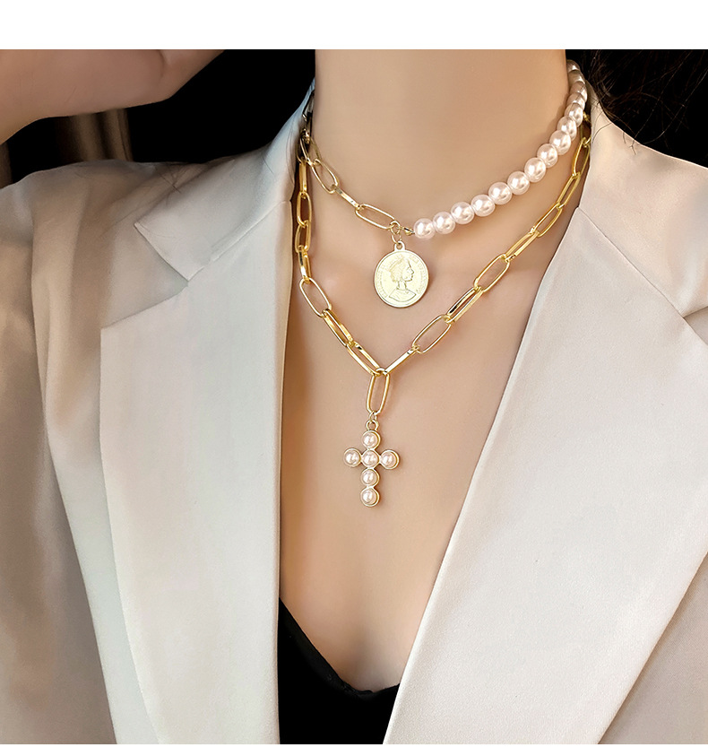 十字架珍珠项链女复古人头像锁骨链欧美风粗链子ins潮冷淡风颈链