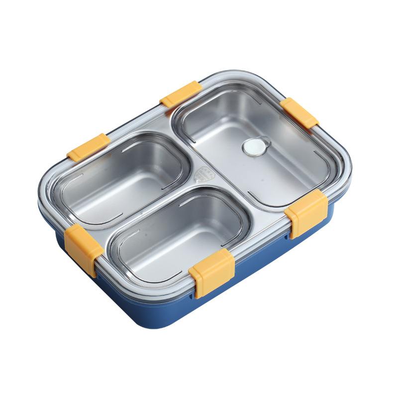 Square Four-Button Stainless Steel Three-Grid Lunch Box Japanese-Style Simple Grid Plate Student Bento Box Factory Wholesale