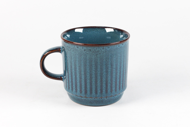 欧式反应釉陶瓷马克杯蓝色条纹浮雕个性水杯家用早餐牛奶杯咖啡杯