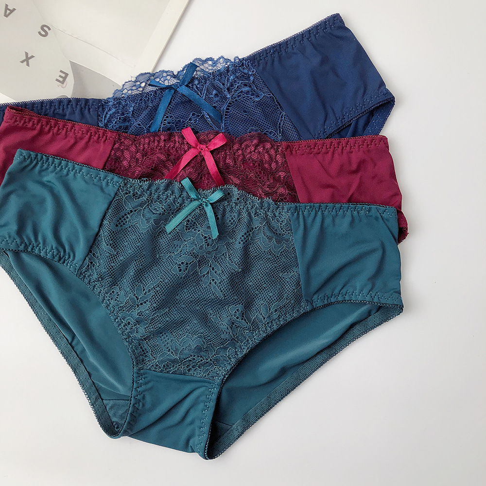中腰高档内裤女墨绿色冰丝拼蕾丝透气包臀薄款性感少女三角裤深色