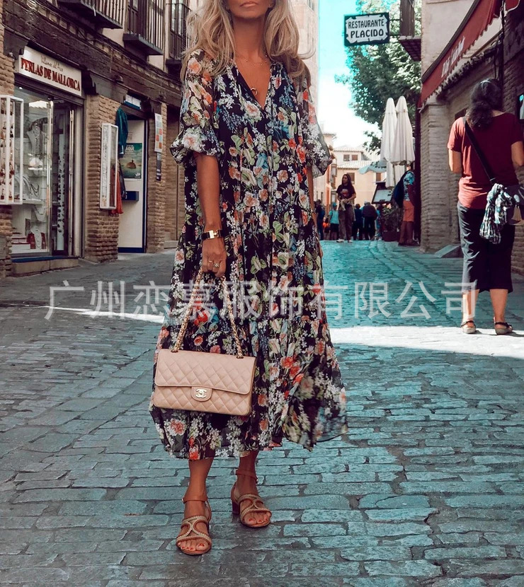 Cross-Border Amazon 2020 Autumn New European and American Women's Clothing V-neck Lace-up Long Printed Dress Women