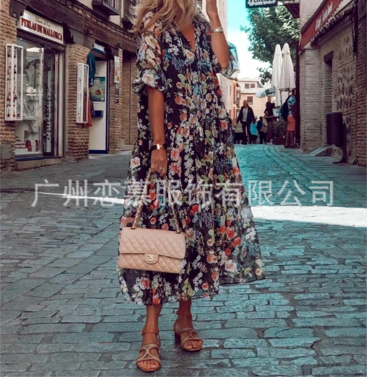 Cross-Border Amazon 2020 Autumn New European and American Women's Clothing V-neck Lace-up Long Printed Dress Women