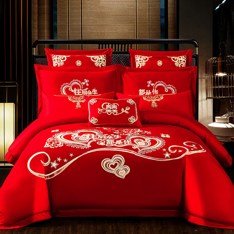 Red Embroidered Wedding High-End Four-Piece Cotton Quilt Cover Bed Sheet Cotton Wedding Match Sets Wedding Makeup Festive