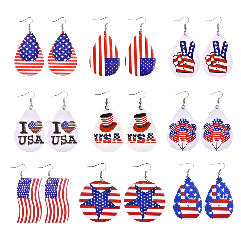 European and American cross-border earrings American flag earrings PU leather multi-layer drop earrings women's five-pointed star earrings image