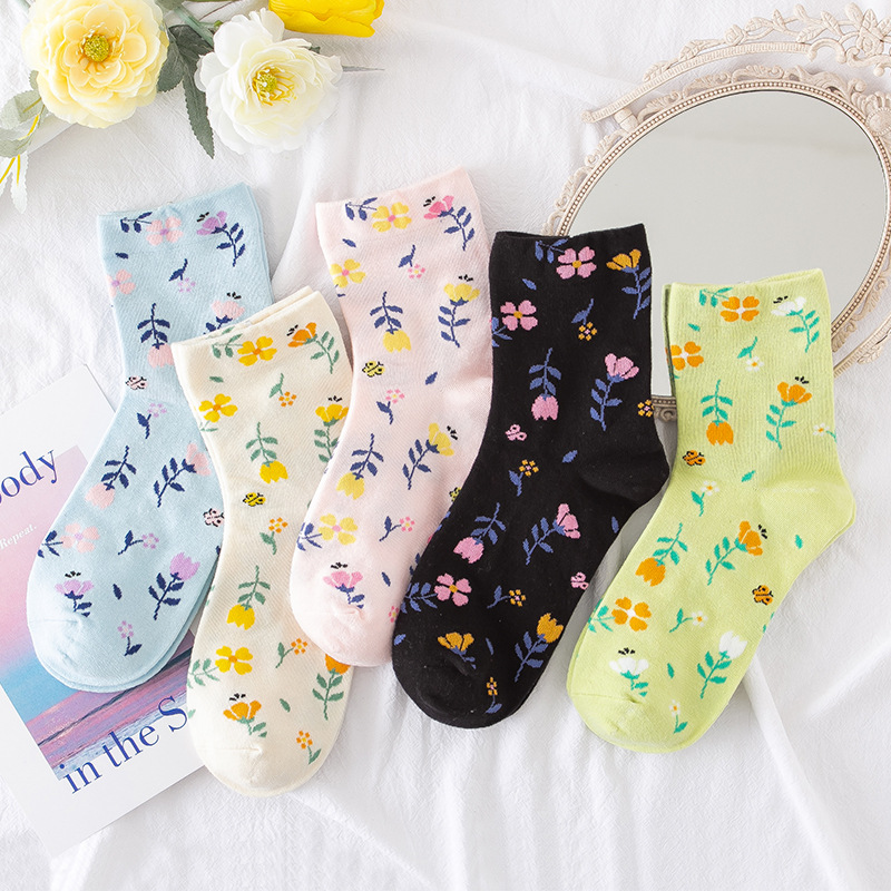 春夏季袜子女碎花袜子ins潮流日系学生袜可爱甜美中筒袜现货批发-阿里