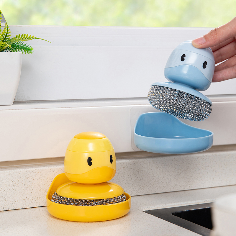 Small Yellow Duck Dish Brush Liquid Kitchen Household Dishwashing Cleaning Ball Brush Steel Wire Ball Cup Brush Cute Duck Fabulous Pot Cleaning Tool