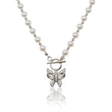 韩版S925纯银项链ins2020个性新款锆石珍珠蝴蝶项链女气质银链饰