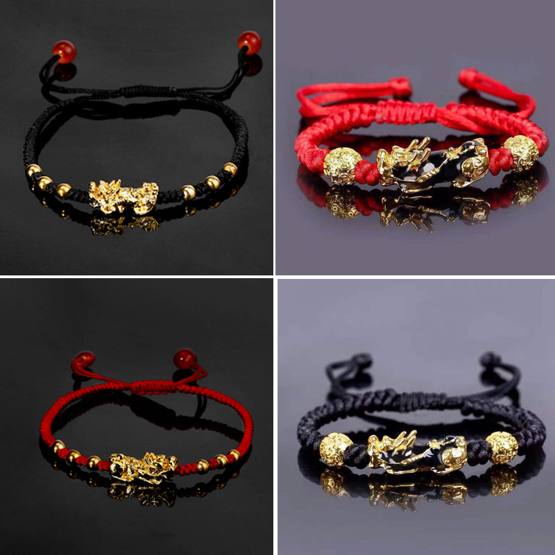 跨境热销手链 合金珠子红绳单金貔貅手链编织可调节手链手串批发