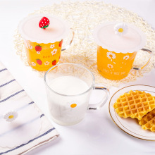 创意燕麦杯早餐玻璃杯牛奶咖啡玻璃杯子家用带盖勺印花水杯ins风