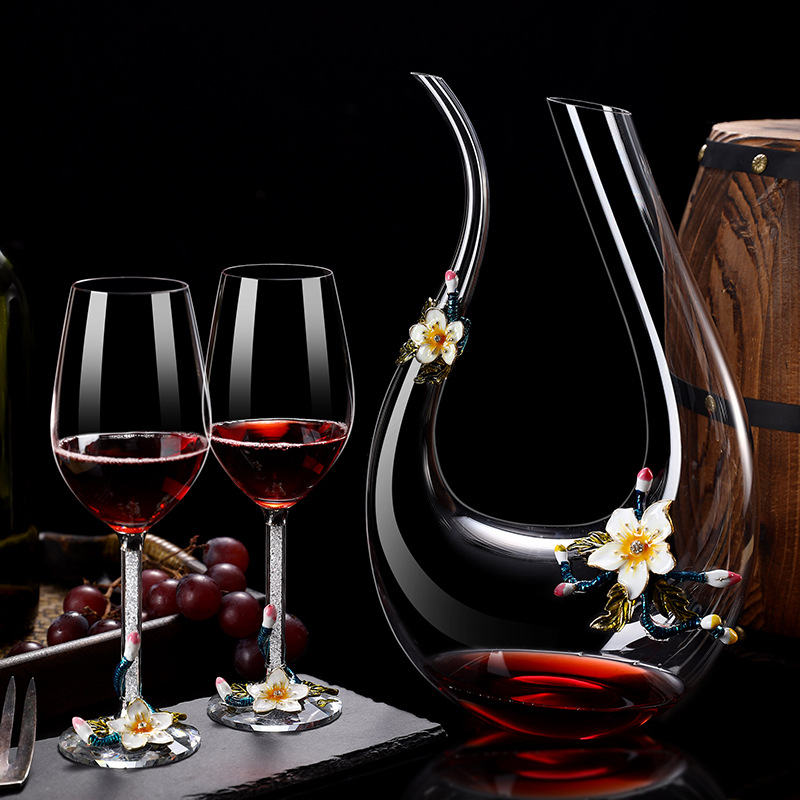 珐琅彩带钻高档水晶玻璃红酒杯高脚杯醒酒器皮箱套装生日礼物批发