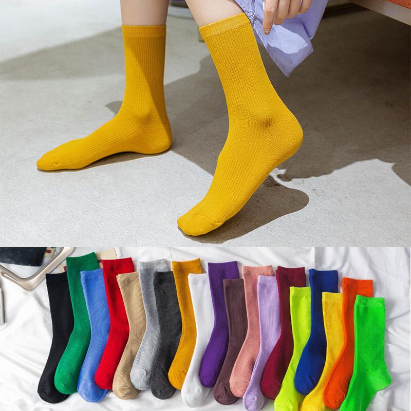 New Bunching Socks Women's Cotton Autumn and Winter Japanese Pure Color Cotton Candy Trendy Mid-Calf Length Socks College Style Warm Strip Women's Socks