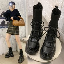 厂家直供2020秋冬新款韩版圆头系带松糕底针织休闲时装短靴女