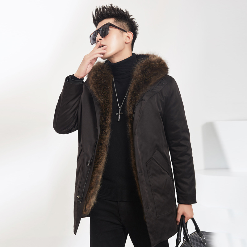 高端中年冬季新款派克服男中长款貂皮大衣美洲貉子毛领连帽保暖