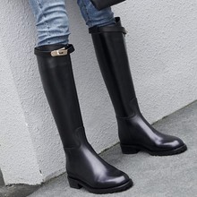 女靴2020秋冬季新款欧美中跟粗跟圆头皮靴女靴黑色高筒靴