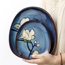 欧美客创意手绘玉兰花陶瓷盘子异形釉下彩家用菜盘水果盘个性餐盘