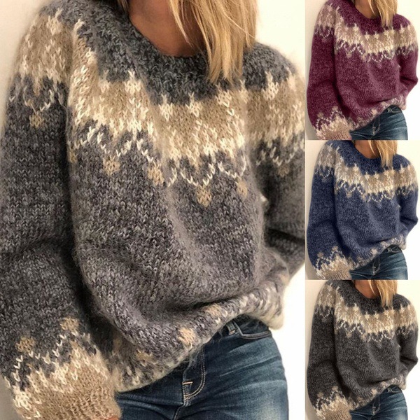 2023 european and american wishebay new women‘s clothing autumn and winter casual loose mohair thick knitted jacquard women‘s sweater