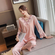 冰丝睡衣女性感套装韩式套头蕾丝睡衣女士长袖丝绸家居服高级感