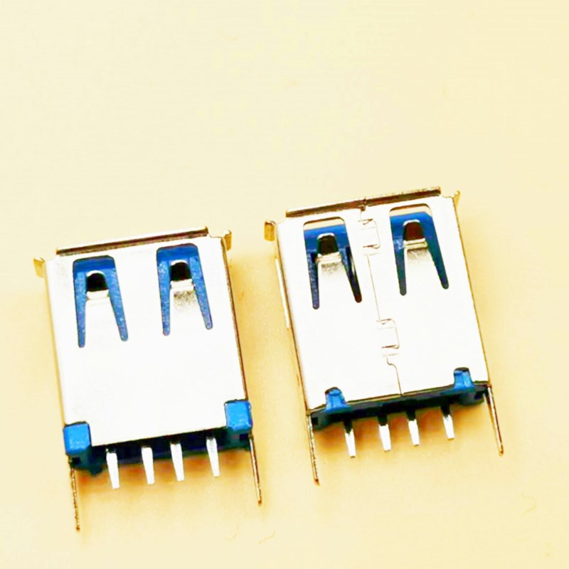 AF 2.0 USB母座蓝胶立式直插180度15MM长直脚弯脚A母A型直边卷边