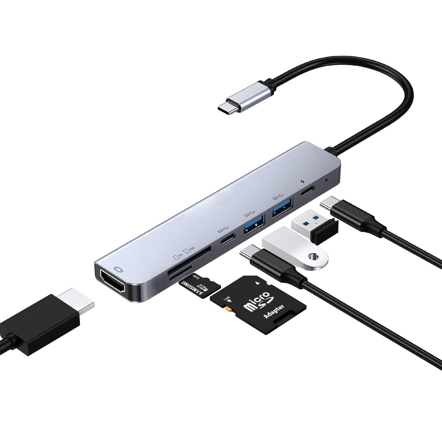 type c扩展坞7合1转换器多口HUB转HDMI+USB3.0*2+PD+type-c+SD+TF