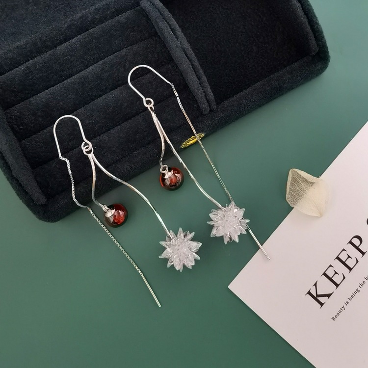925银冰花水晶耳环女韩国雪花石榴石长款气质网红耳坠高级感耳饰