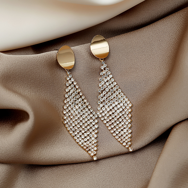 新款银针大气满钻菱形耳环气质长款韩国百搭耳坠网红流苏耳饰