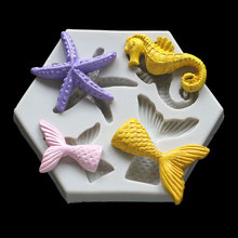 新款海洋系列DIY烘焙大小鱼尾巴海星海马液态硅胶模具翻糖模装饰