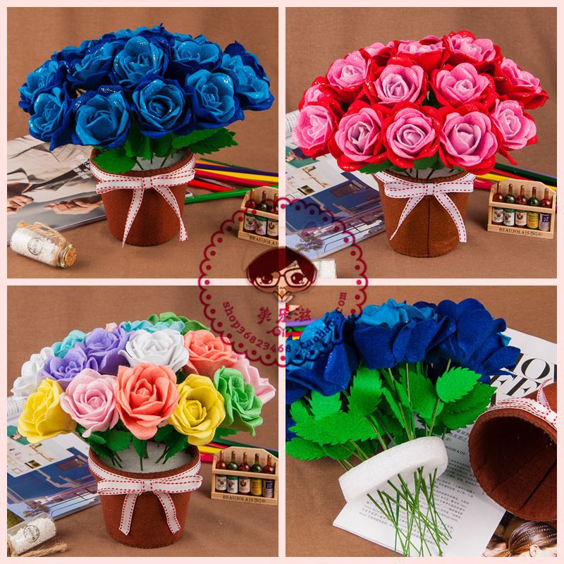免裁剪 不织布手工布艺diy材料包 玫瑰花 盆栽装饰花束 仿真花