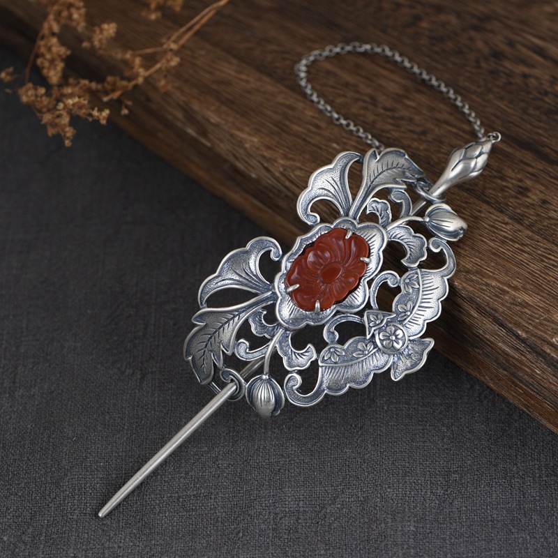 巧匠灵工 s925银复古古风头饰 南红牡丹富贵花开发簪泰银女发钗
