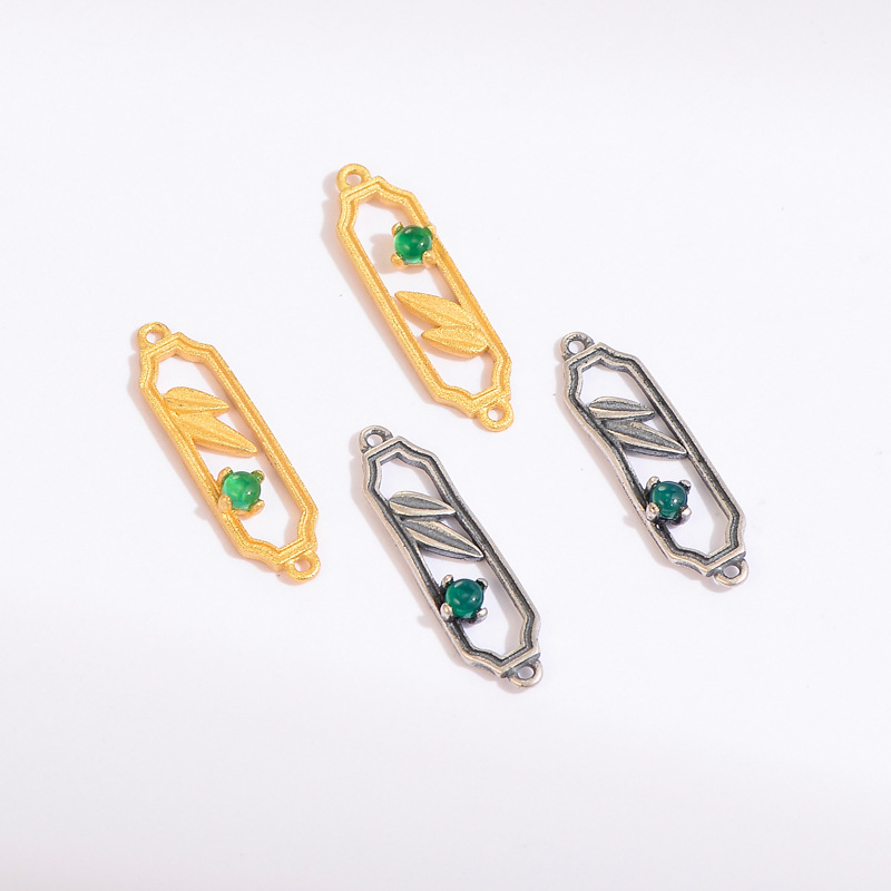 千金小姐s925泰银树叶绿玛瑙耳饰连接件镀金项链手饰diy饰品配件