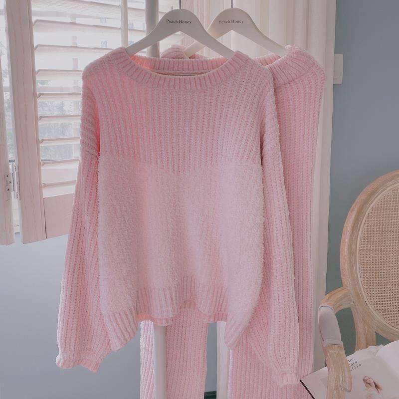 2023 Spring New Korean Style Simple Solid Color Homewear Suit Women's Comfortable Thermal round-Neck Knitted Wool Pajamas