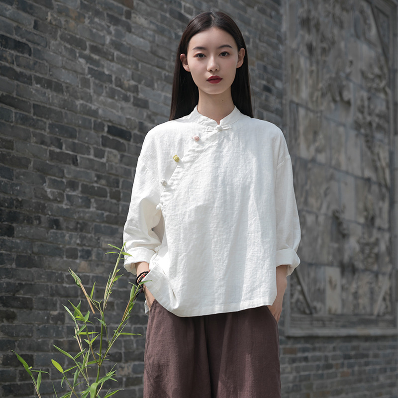 24 spring and summer new chinese style women‘s clothing national style stand collar cardigan color matching plate buckle top cotton and linen zen tea clothes women‘s shirt