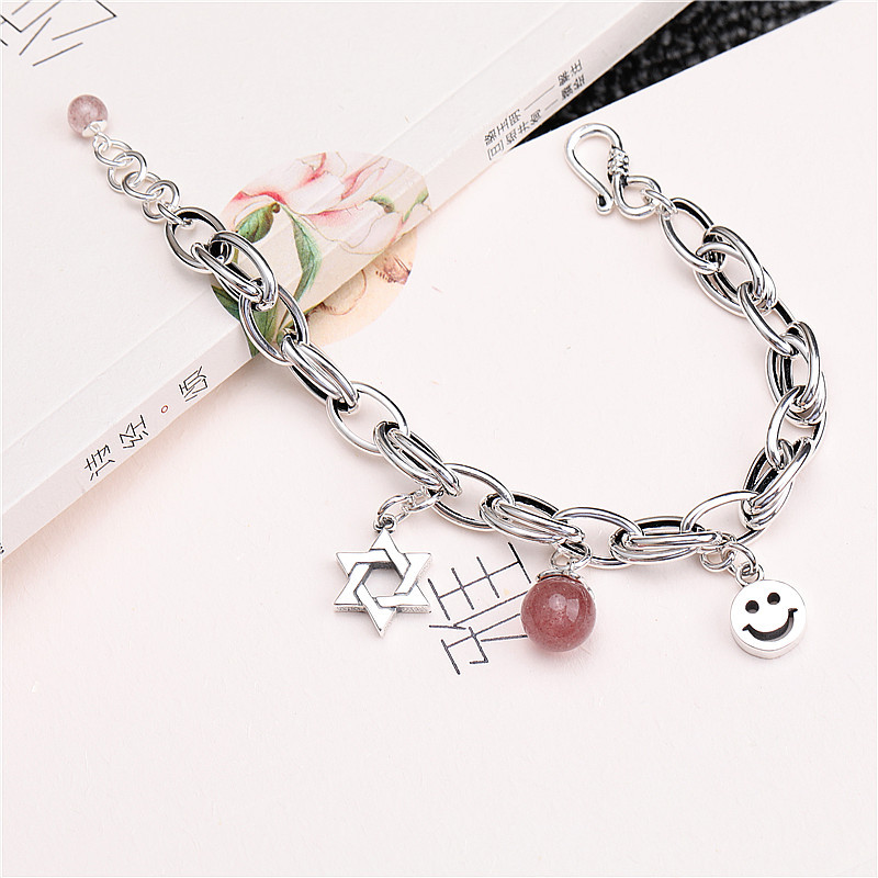s925银泰银复古笑脸手链草莓晶六芒星小众设计闺蜜简约